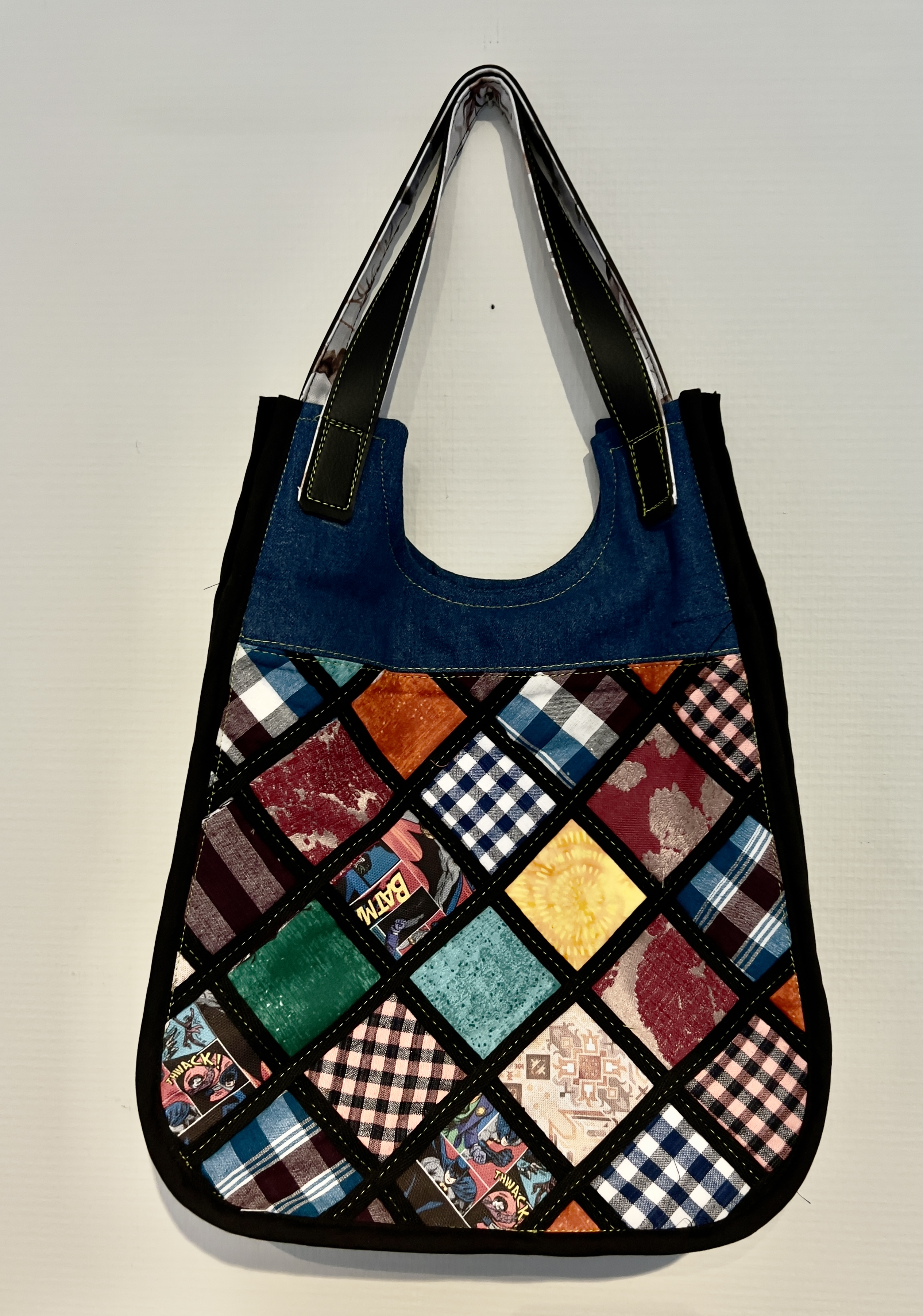 A patchwork tote bag from the sewing collection